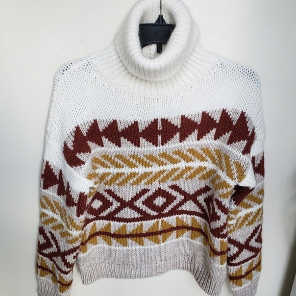 Elsamanda chunky wool alpaca blend turtleneck sweater, southwestern print, Sz S. - Picture 3 of 9